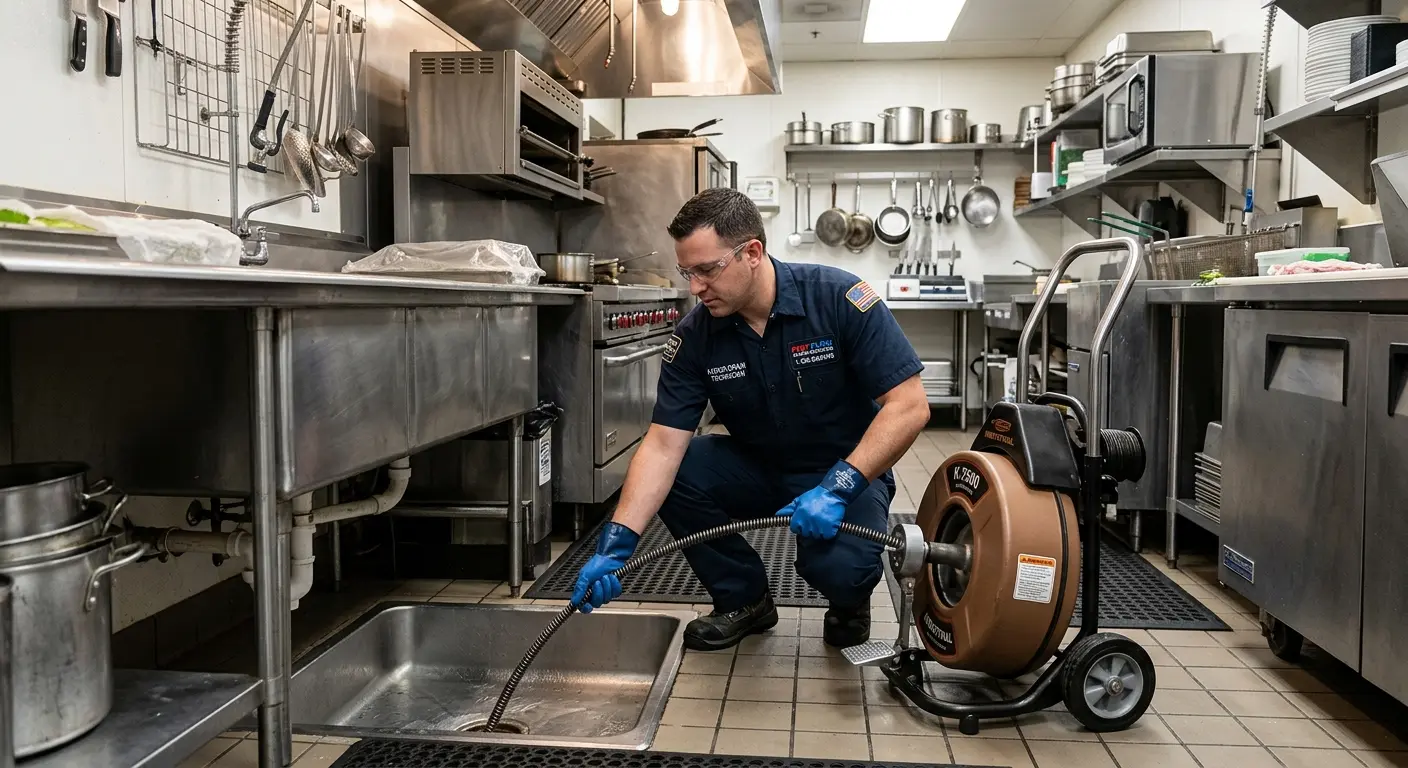 Commercial drain cleaning service in a restaurant kitchen in Seekonk