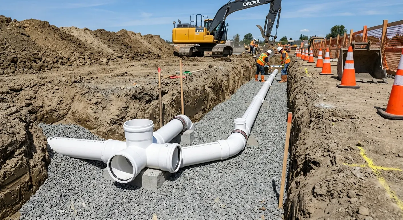 New PVC sewer pipe installation in open trench for Grease Trap Cleaning in Seekonk